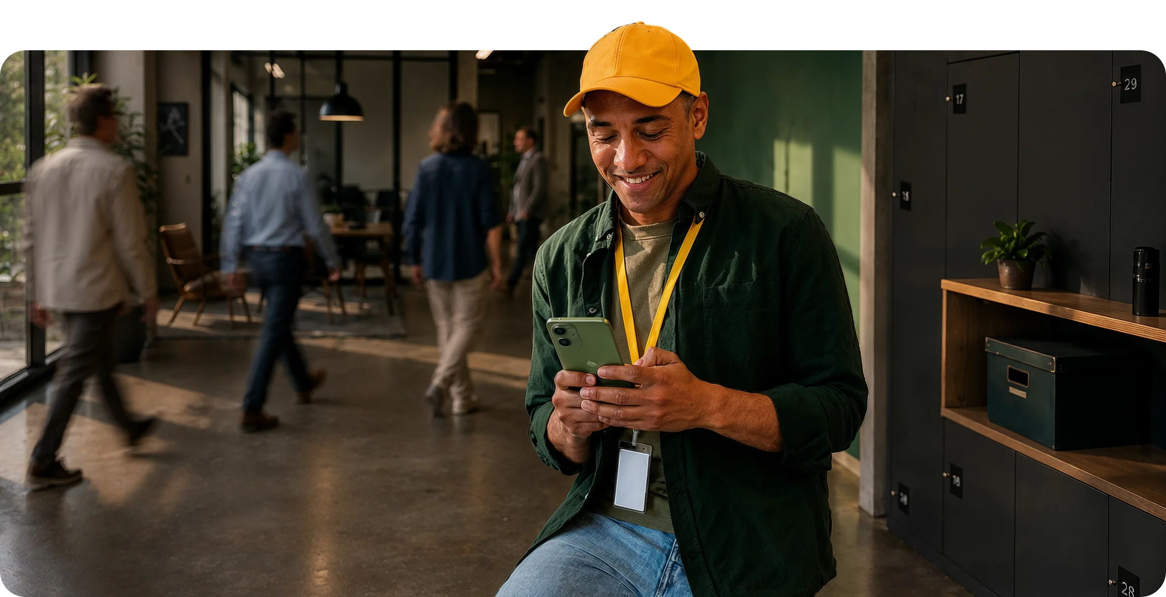 Colaborador registrando o ponto pelo celular no corredor da empresa